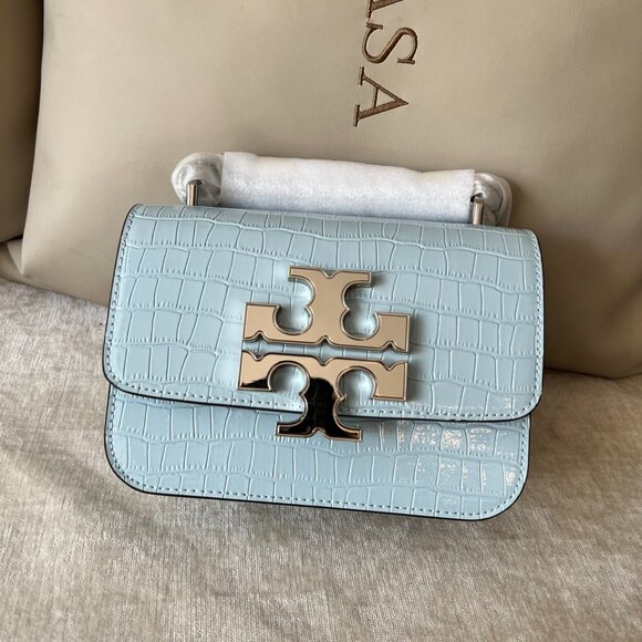 NWOT TORY BURCH ELEANOR EMBOSSED SMALL CONVERTIBLE SHOULDER BAG IN BLUE MIST - Picture 1 of 8